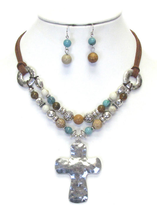 Hammered Cross and Multicolored Necklace Set