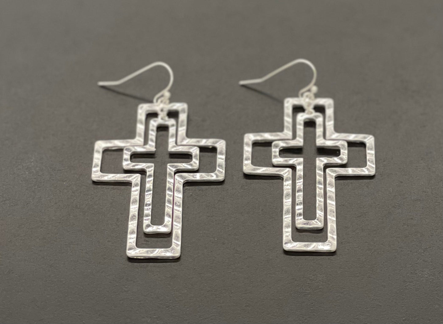 Silvertone Hammered Cut-Out Cross Earrings