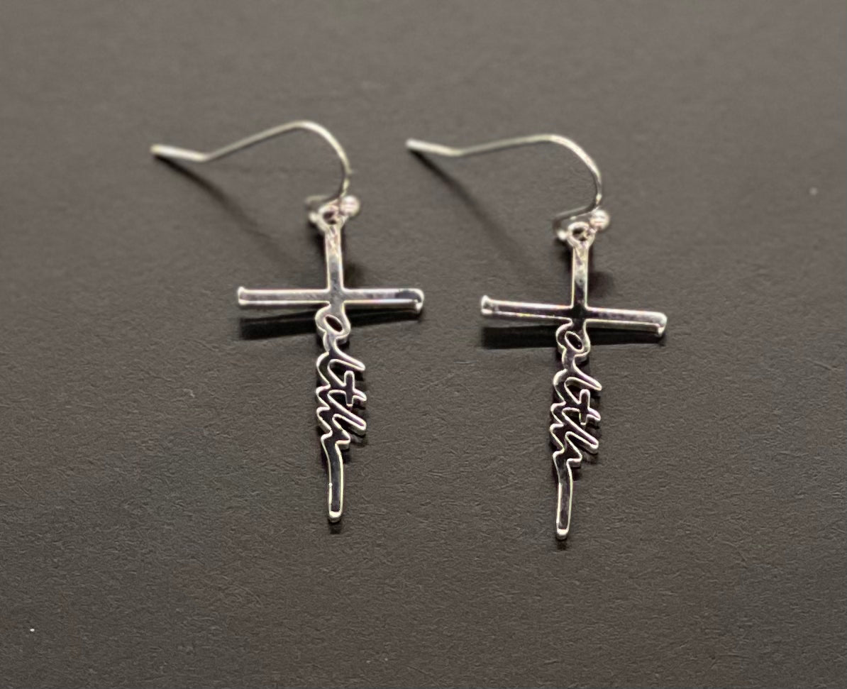 Silvertone Faith Cross Earrings