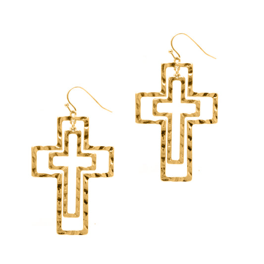 Goldtone Hammered Cut-Out Cross Earrings
