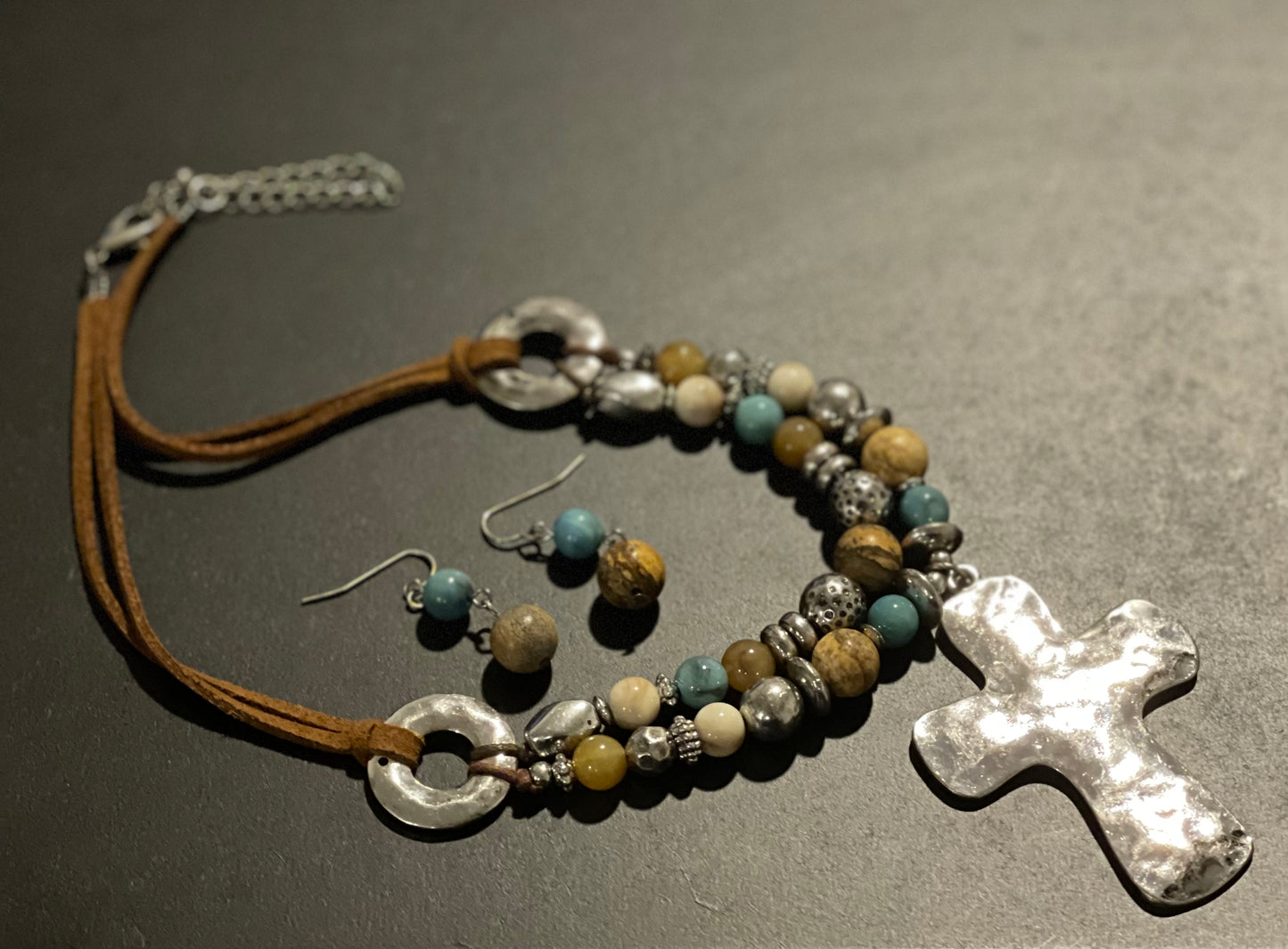 Hammered Cross and Multicolored Necklace Set