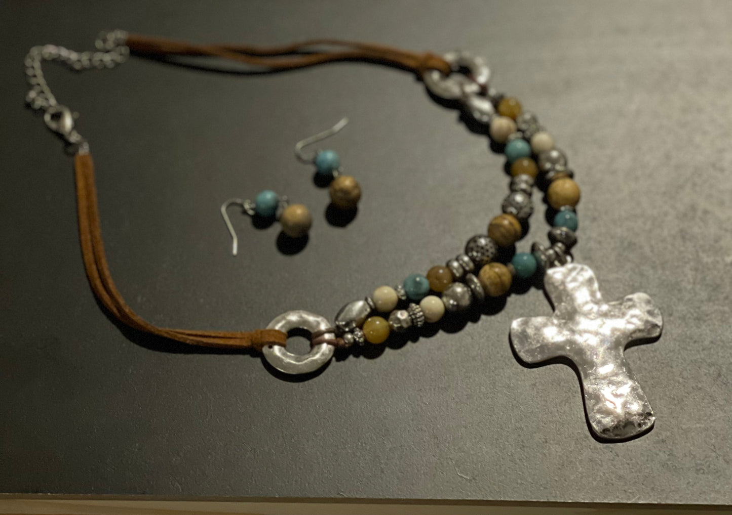 Hammered Cross and Multicolored Necklace Set