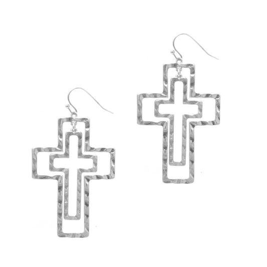 Silvertone Hammered Cut-Out Cross Earrings