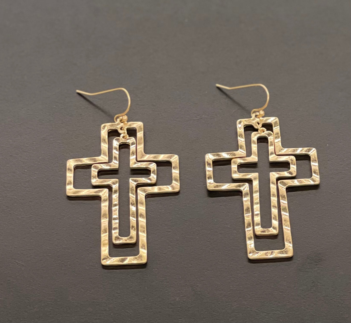 Goldtone Hammered Cut-Out Cross Earrings