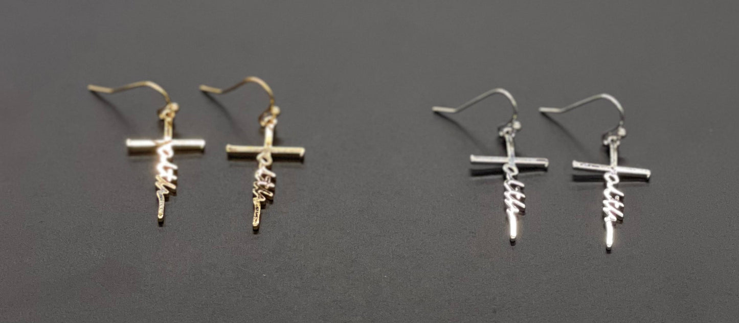 Silvertone Faith Cross Earrings