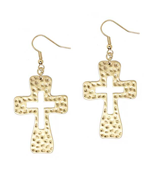 Goldtone Hammered Cross Earrings