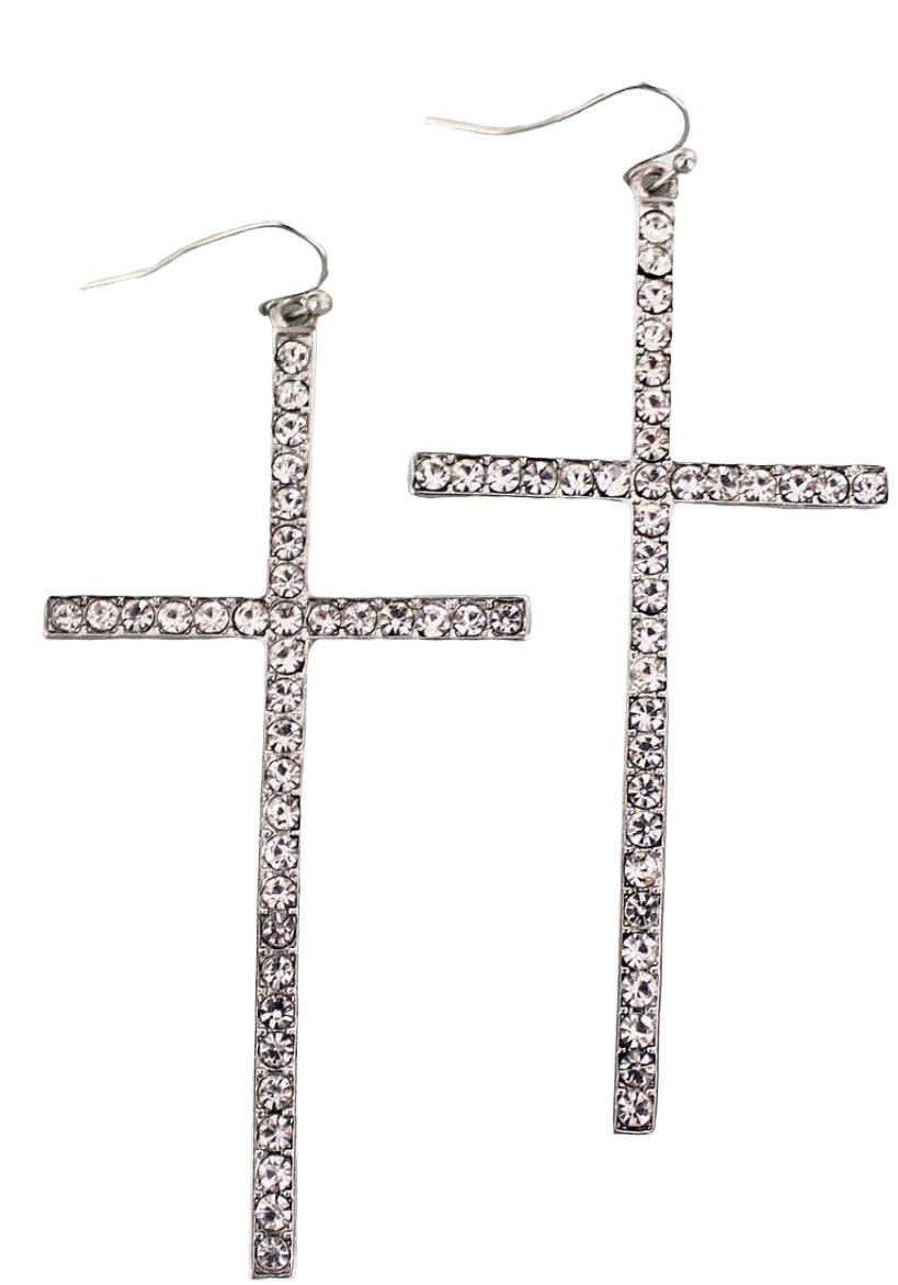 Silvertone Crystal Cross Earrings